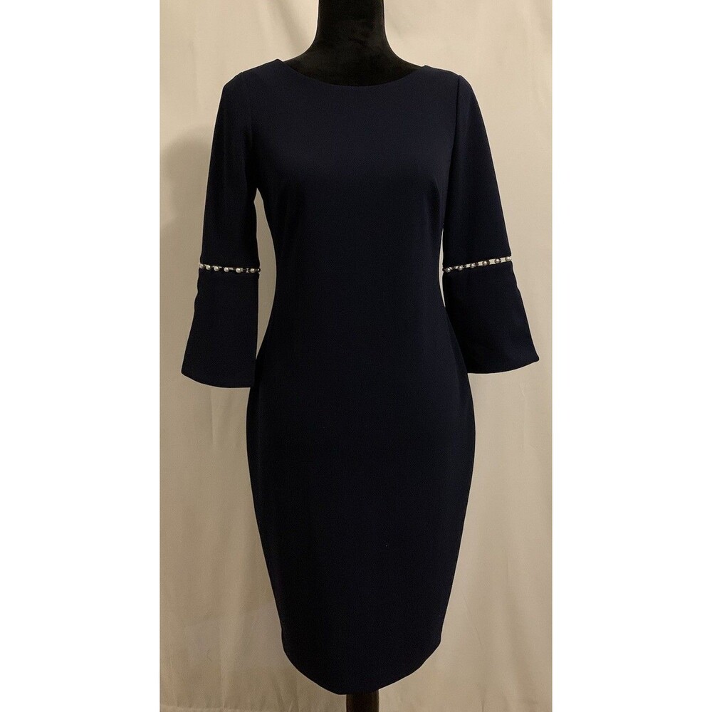Calvin Klein Womens Size 4 Sheath Dress Navy Bell Sleeves Stretch Work Party